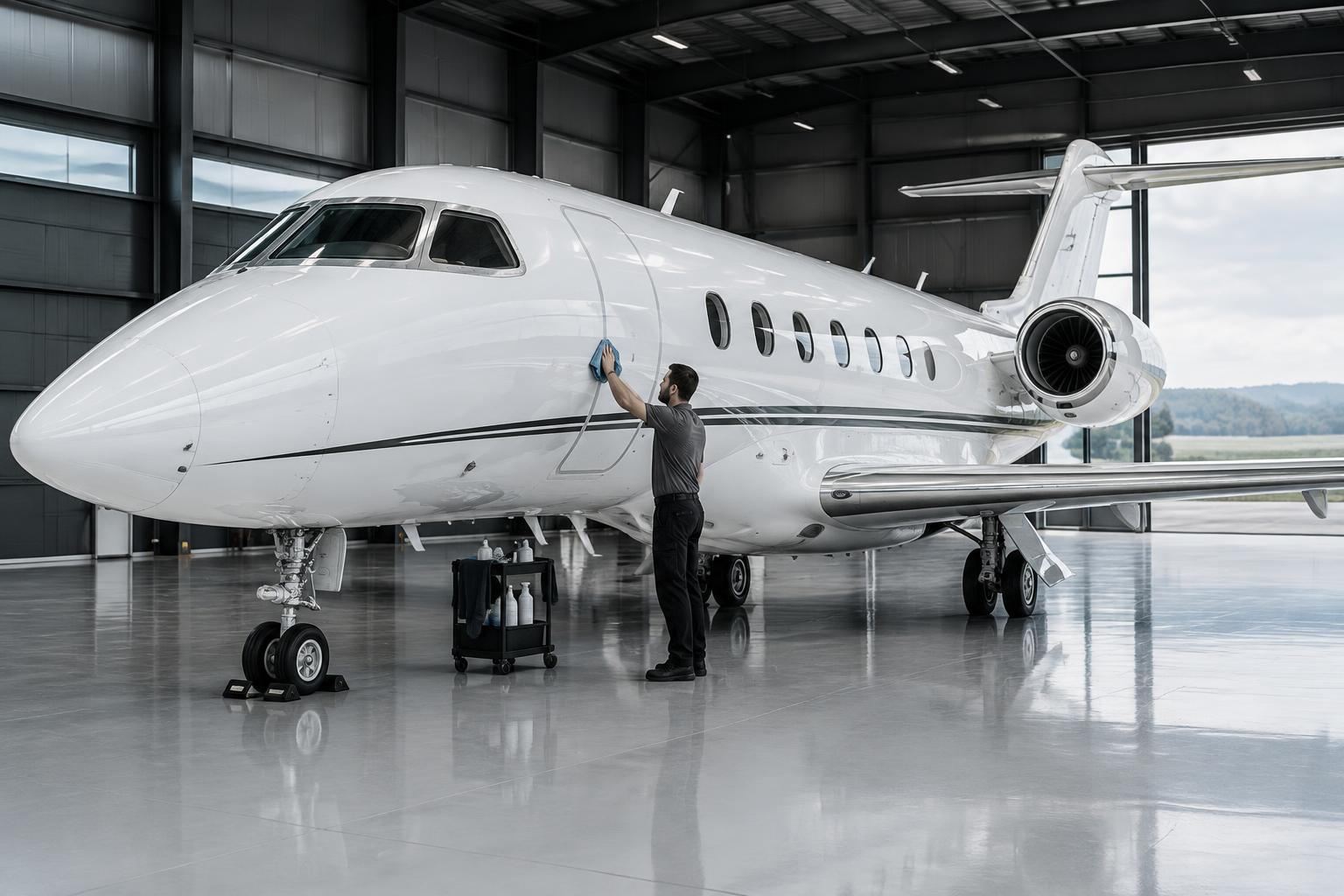Aircraft appearance care in a hangar — illustrative image